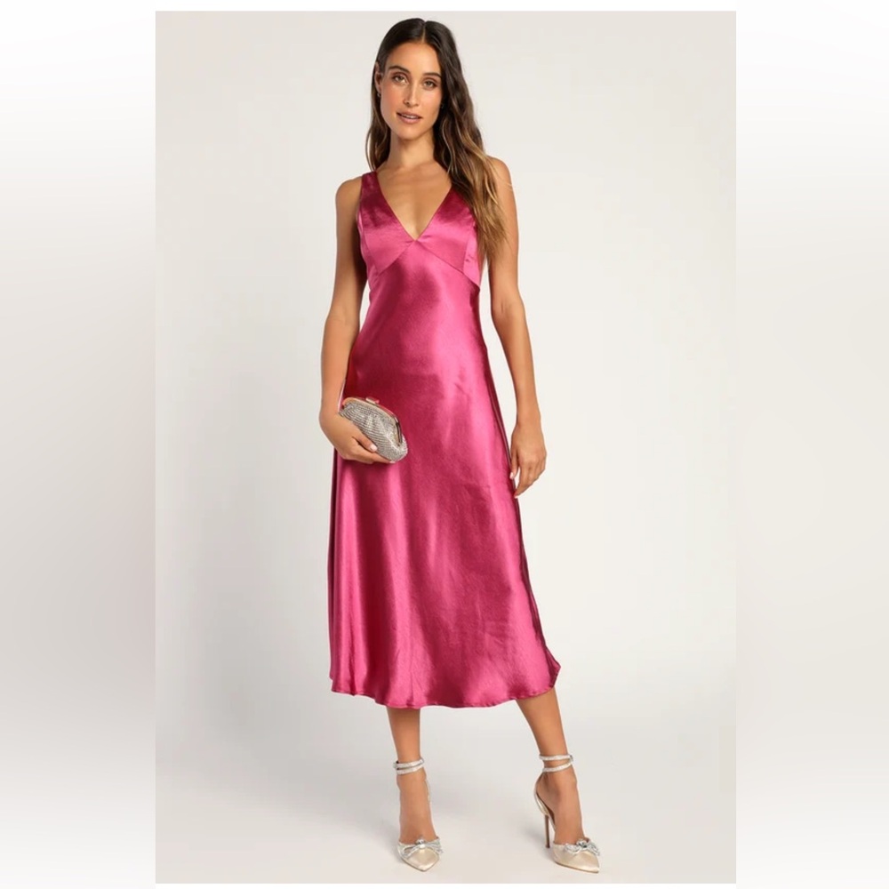 Lulus Incredible Love Magenta Satin Cowl Back Midi Slip Dress Size Medium